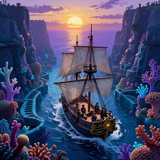 Digital illustration of a classic wooden ship navigating through a vibrant, coral-filled ocean canyon at sunset, with towering cliffs on either side.