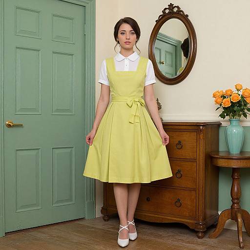 Photograph of a woman in a yellow pinafore dress, white blouse, and white heels, standing in a green-walled room with vintage furniture