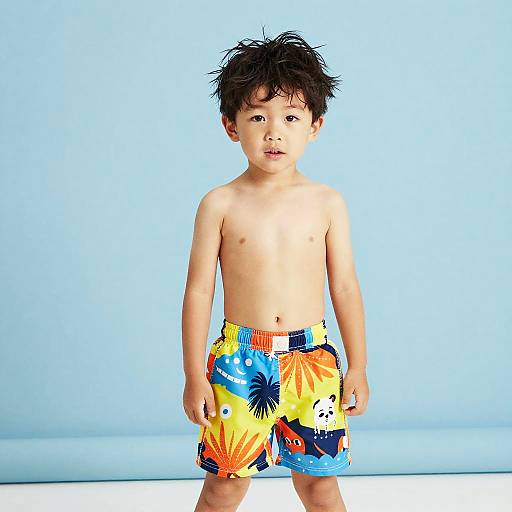 Photograph of a young Asian boy with messy black hair, wearing colorful, floral-patterned swim trunks, standing against a light blue background.