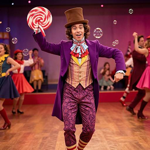 Photograph of a male clown in a purple coat, top hat, and patterned pants, holding a red-and-white candy cane swirl, performing on
