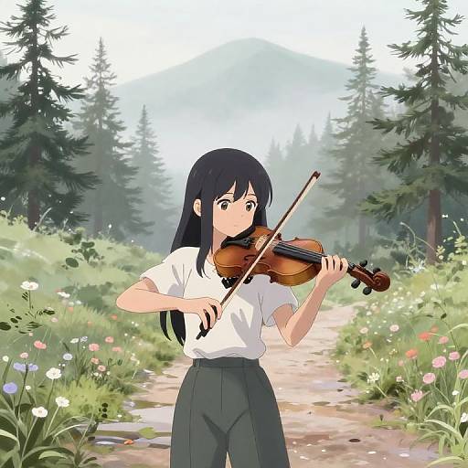 Anime-style drawing of a black-haired girl playing violin on a flower-filled forest path, wearing a white shirt and black pants.