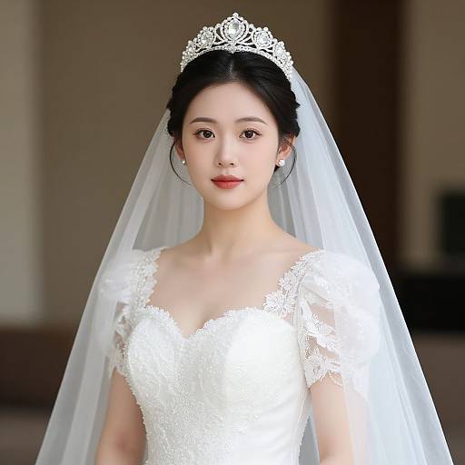 Photograph of an Asian bride with fair skin, black hair in an updo, wearing a white lace wedding dress, tiara, and veil.