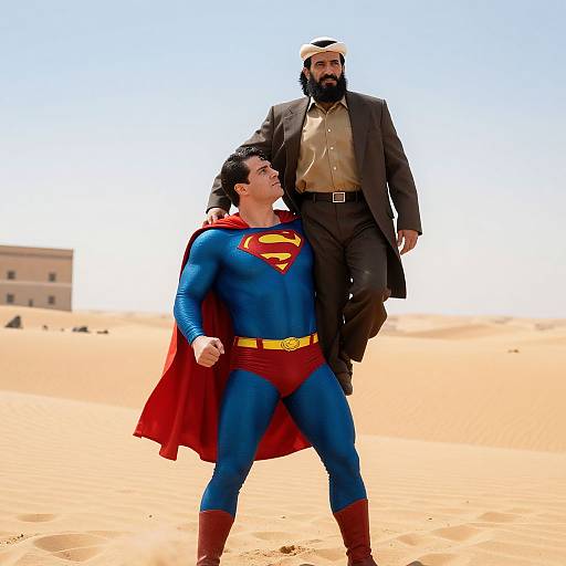 Photograph of a bearded man in a brown suit standing behind a muscular Superman with blue suit, red cape, and yellow 