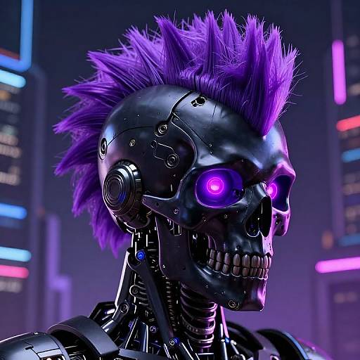 Cyberpunk-style CGI image of a robotic skull with purple mohawk, glowing purple eyes, and metallic black body, set against a neon-lit