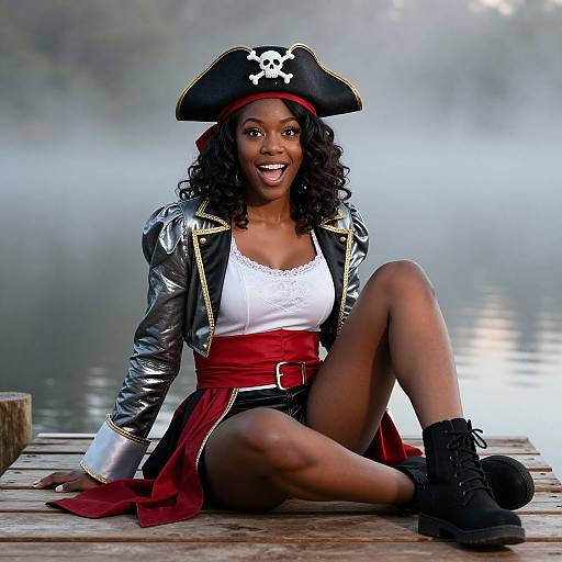 Photograph of a smiling African-American woman in a pirate costume with black hat, silver jacket, white lace top, red sash, black shorts,