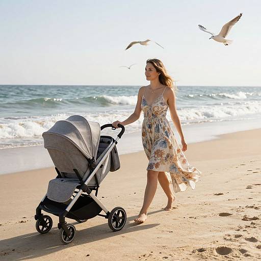 Photograph of a smiling woman in a floral dress walking a gray baby stroller on a sunny beach with seagulls flying.
