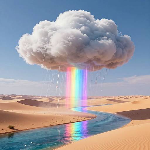 Photorealistic CGI of a giant, white, rain-filled cloud over a desert with a rainbow, raindrops, and a reflective river.