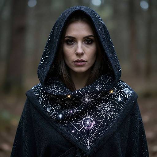 Photograph of a serious, dark-haired woman in a black hooded cloak adorned with glowing white celestial patterns, standing in a blurred forest background.
