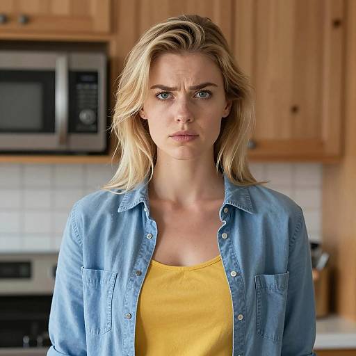 Intense Blonde Woman in Kitchen