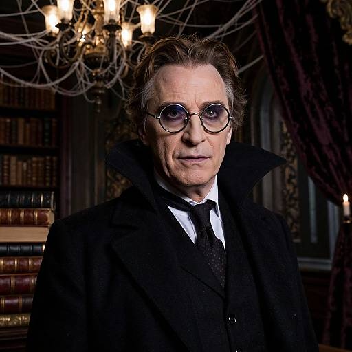 Photograph of an older man with gray hair, round glasses, black suit, and high-collared coat, standing in a dimly lit,