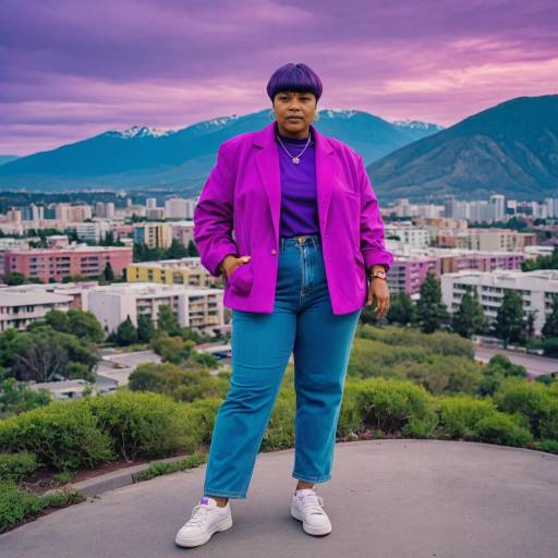 Curvy woman in 80s neon outfit with mountain view