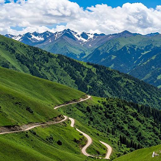 Photograph of a winding mountain road through lush green valleys, dense forests, and snow-capped peaks under a vivid blue sky with fluffy white clouds.