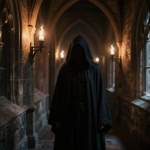 Mysterious Hooded Figure in Haunted Castle