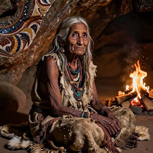 Photograph of an elderly Indigenous woman with wrinkled skin, long gray hair, wearing traditional beaded necklaces and fur garments, sitting by a fire
