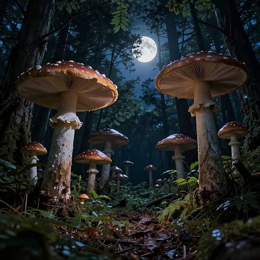 Photograph of glowing mushrooms under a full moon in a dark, dense forest, with blue-toned foliage and a silvery night sky.