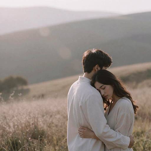 Photograph of a couple in an emotional embrace, both wearing white shirts, standing in a sunlit, grassy field with mountains in the background.