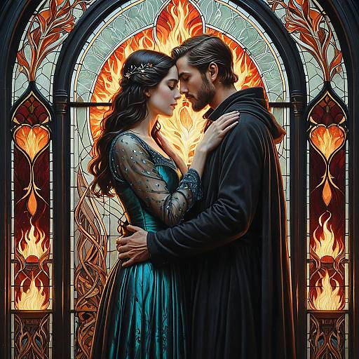 Lovers Embracing in Stained Glass Flames
