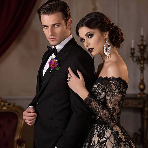 Photograph of a handsome Caucasian man in a black tuxedo with a red flower boutonniere, and a beautiful woman in an off-