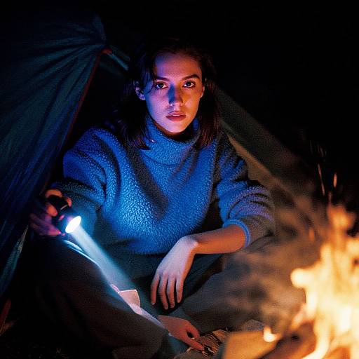 Photograph of a woman with dark hair and blue fleece sweater, illuminated by flashlight, sitting by a glowing campfire in a dark tent.