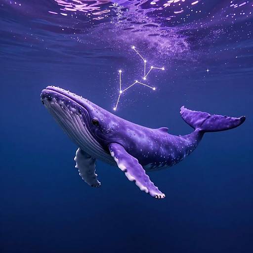 Photorealistic underwater image of a blue-hued, majestic whale with outstretched flippers, surrounded by sparkling stars forming a constellation, against a