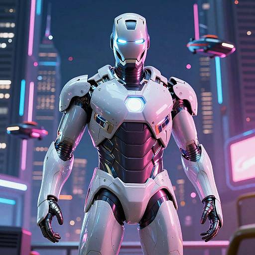 CGI image of a white, glowing-eyed, futuristic humanoid robot standing in a neon-lit, cyberpunk cityscape with floating drones.