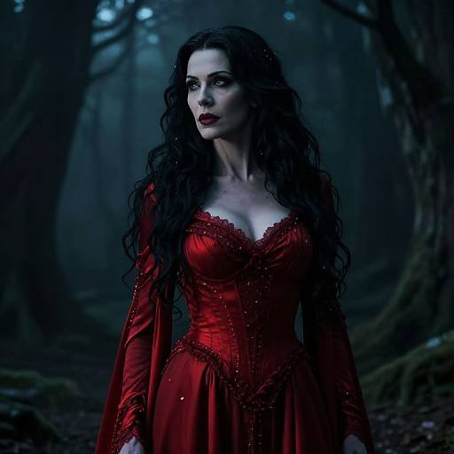 Photograph of a pale, dark-haired woman in a red, low-cut, gothic dress, standing in a dark, misty forest with blue