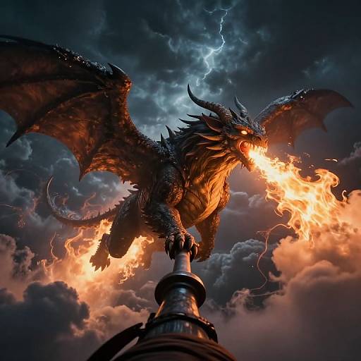 Digital artwork of a fierce, black dragon with glowing orange eyes and fiery breath, perched atop a dome, against a stormy, lightning-filled sky
