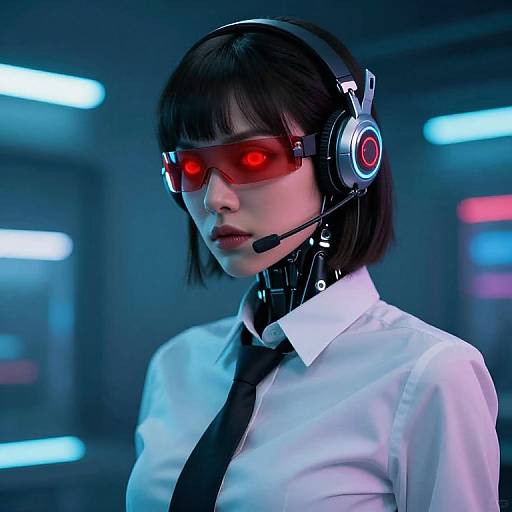 Cyberpunk-style photograph of an Asian woman with black bob haircut, red-tinted glasses, black headset, white shirt, black tie, and