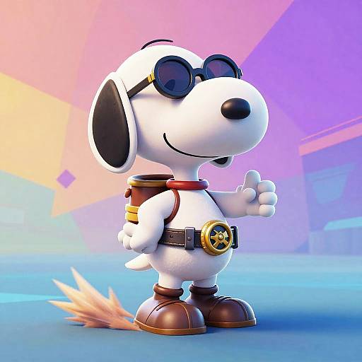 CGI image of a white cartoon dog with black ears, wearing sunglasses, a red scarf, brown boots, and a utility belt, standing confidently with