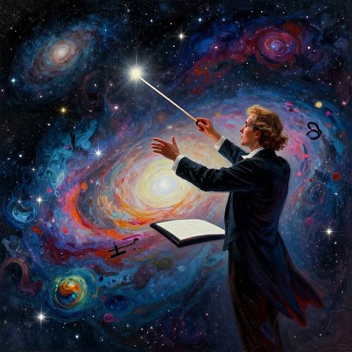 Digital art of a bespectacled man in a black suit, holding a glowing pointer, standing in a vibrant, colorful galaxy, with an open
