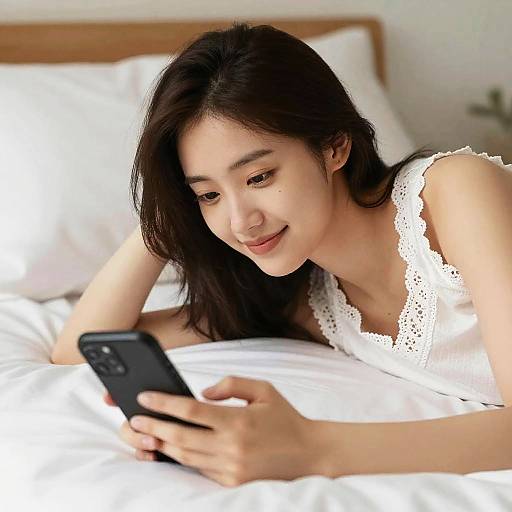 Photograph of an Asian woman with long black hair, wearing a white lace sleeveless top, lying on a white bed, smiling while looking at a