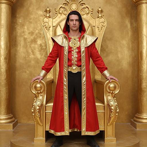 Photograph of a dark-haired man in a red and gold royal robe, sitting on an ornate golden throne against a gold textured background, with columns