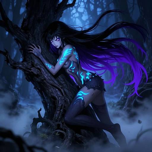 Digital fantasy artwork of a glowing blue and purple-haired woman with tribal tattoos, leaning on a dark tree in a misty, blue-lit forest.