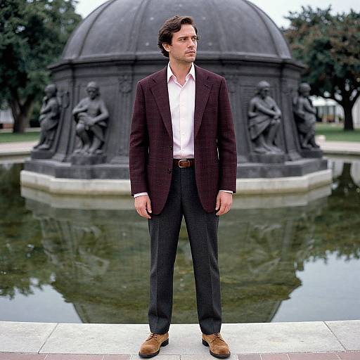 Photograph of a man in a dark brown blazer, white shirt, black pants, and brown shoes, standing in front of a dome-shaped fountain