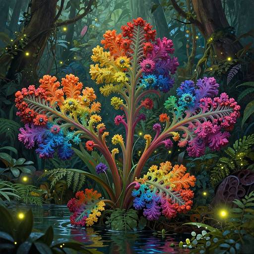 Vibrant, rainbow-colored flower with multicolored petals emerges from a dark, enchanted forest pond, surrounded by glowing fireflies and lush greenery