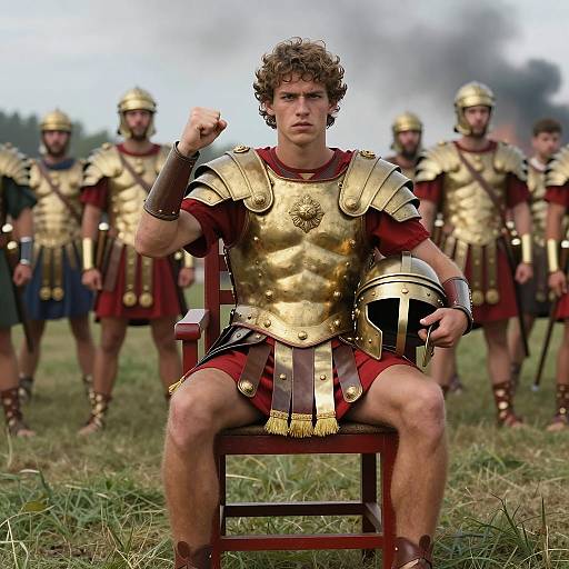 Young Roman Soldier Sitting on Chair with Raised Fist