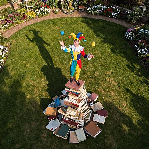 Photograph of a colorful jester statue standing on a stack of books, surrounded by scattered books, in a sunlit garden.