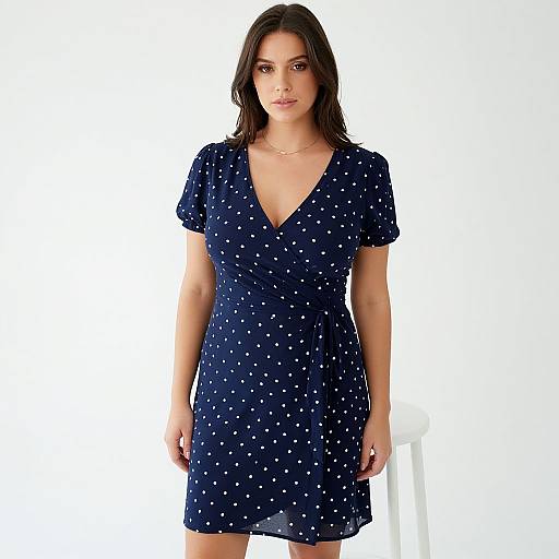 Photograph of a young woman with long brown hair, wearing a navy blue, V-neck, short-sleeve dress with white polka dots,
