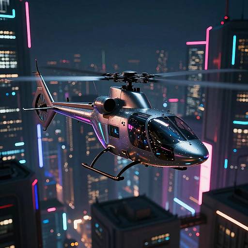 Helicopter Over Futuristic Cyberpunk City