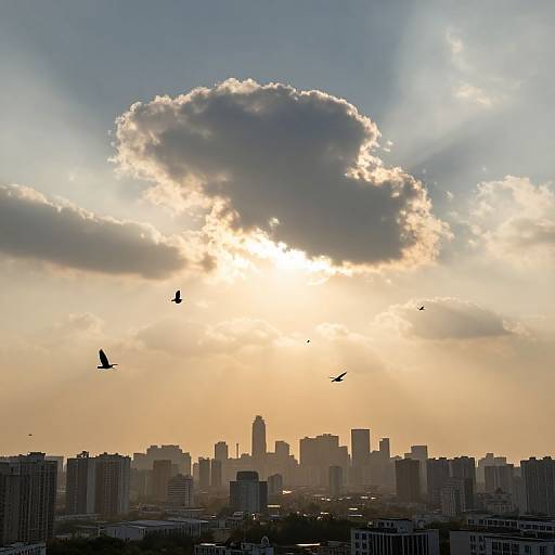 Sunset over a city skyline with silhouetted skyscrapers, bright sun behind a large cloud, and birds in flight. Photographic image