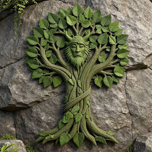 Photograph of a green, intricately carved tree sculpture with a serene, bearded face in the center, attached to a rocky wall.
