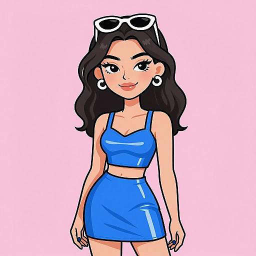 Digital cartoon of a smiling woman with black hair, wearing blue crop top and skirt, white sunglasses on head, white earrings, against pink background.