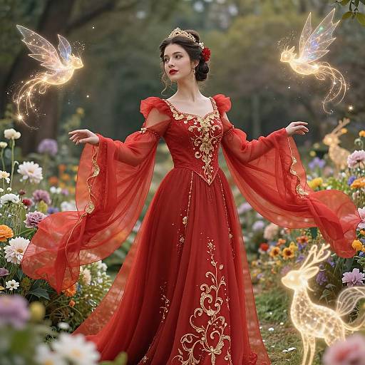 Photograph-style digital artwork of a fair-skinned woman in a red, ornate gown with flowing sleeves, surrounded by glowing butterflies in a colorful,