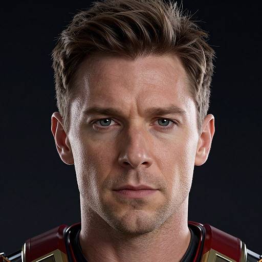 Photograph of a handsome, serious-looking Caucasian man with short brown hair, blue eyes, and slight stubble, wearing a red and gold uniform,