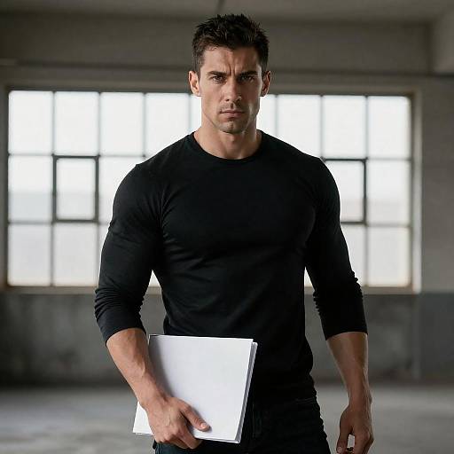 Serious Muscular Man in Industrial Room