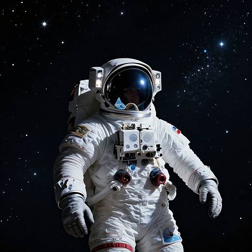 Photorealistic CGI of an astronaut in a white spacesuit with reflective helmet, floating against a starry black space background.