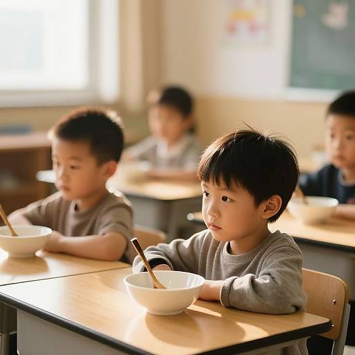 Photograph of three young Asian boys in a sunlit classroom, each eating from a white bowl with chopsticks, wearing gray shirts, seated at wooden