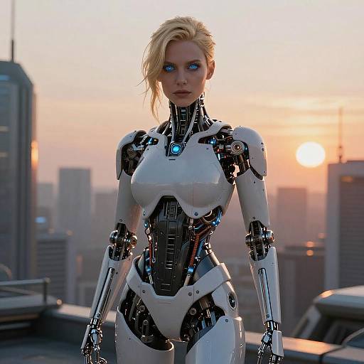 Blonde Terminator in Futuristic Cityscape