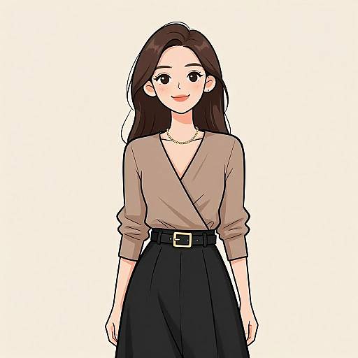 Digital anime-style drawing of a smiling woman with long brown hair, wearing a beige V-neck blouse, black high-waist pants, and a black