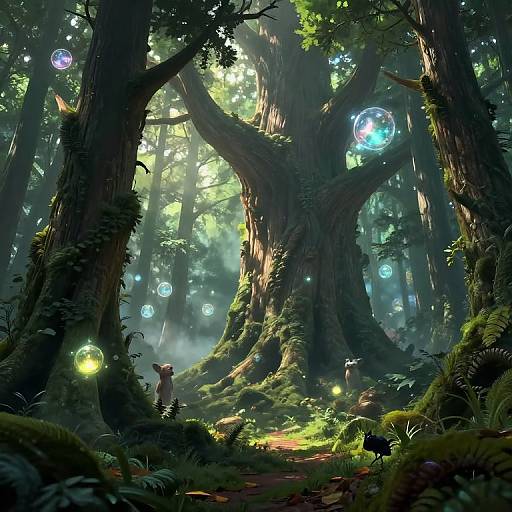 Digital fantasy forest scene with glowing orbs, towering moss-covered trees, and a small, deer-like creature standing in the sunlight.